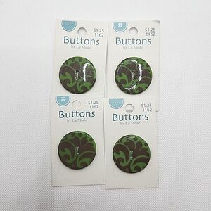 Lot Of 4 Cards La Mode Round Green Brown Damask Print Buttons 1 3/8” 34mm #1162